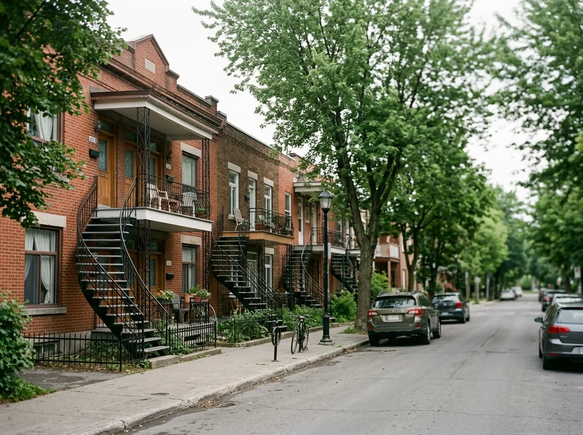 Rue résidentielle montréalaise bordée de triplex en brique avec escaliers extérieurs en colimaçon et arbres matures.
