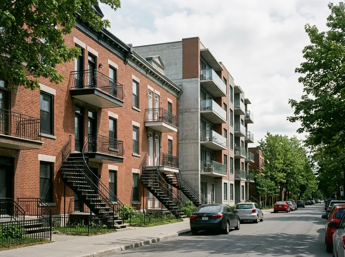 Rue résidentielle montréalaise où des triplex en brique avec escaliers extérieurs côtoient un immeuble en copropriété plus récent.