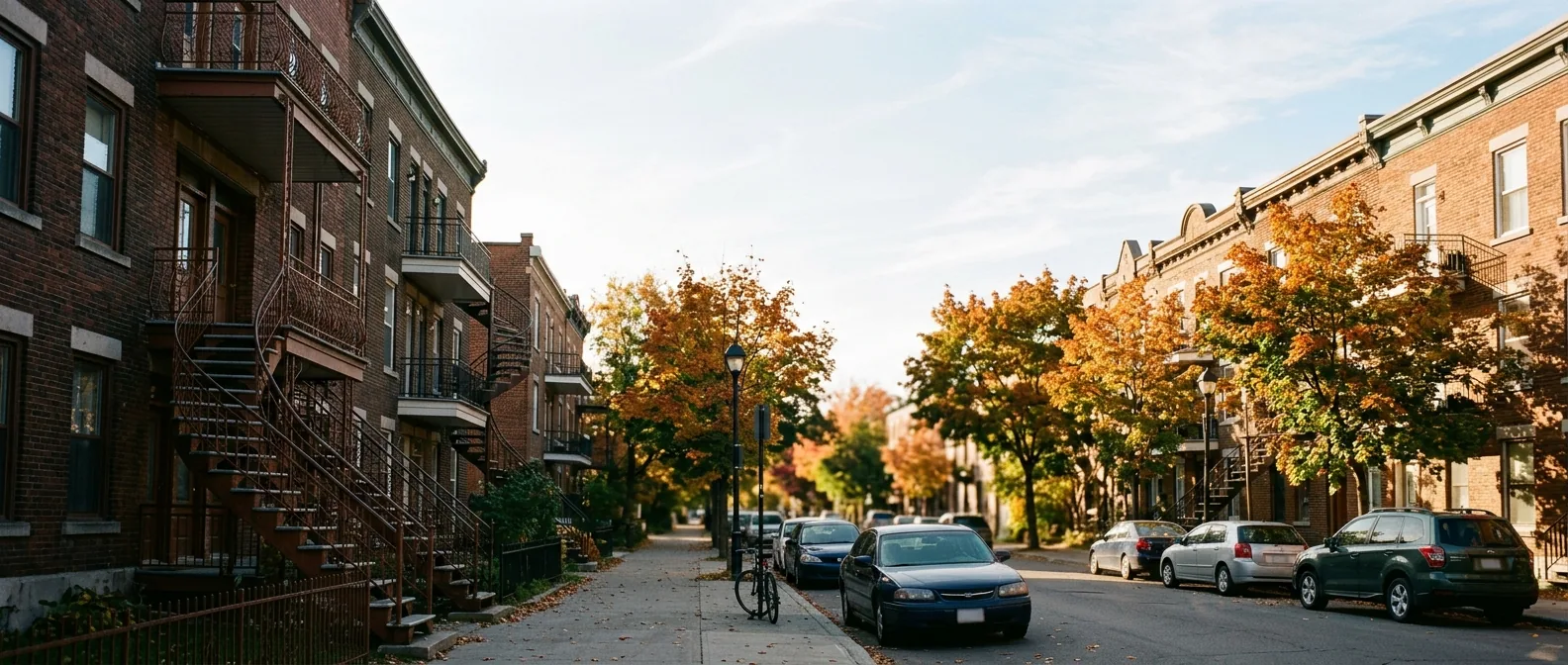 Rue résidentielle typique de Montréal bordée d'immeubles en brique avec escaliers extérieurs en colimaçon et arbres aux couleurs d'automne.