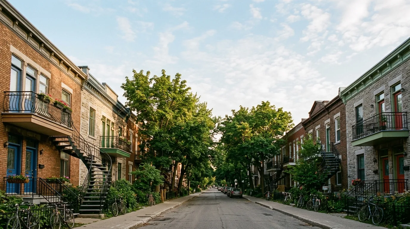 Rue résidentielle bordée d'arbres avec des immeubles en brique et leurs escaliers extérieurs en colimaçon.
