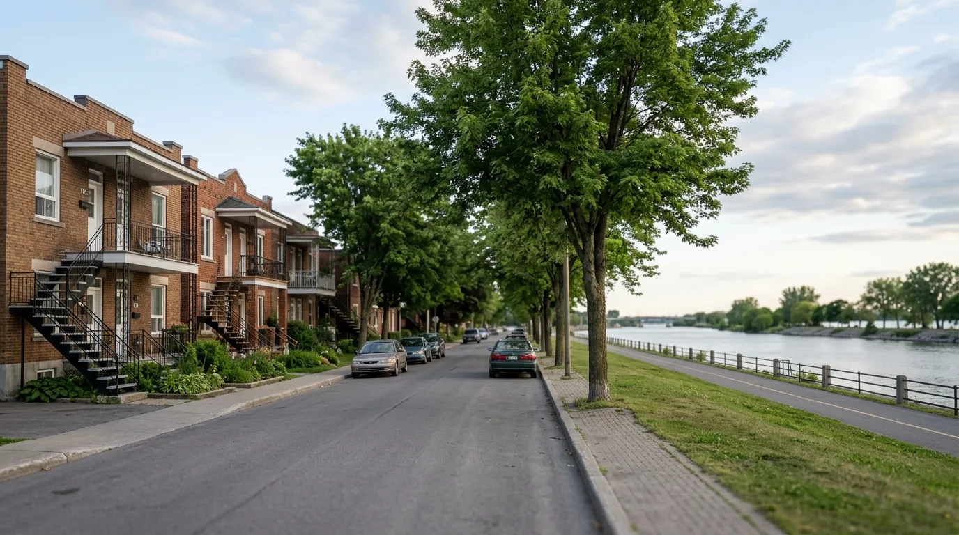 Rue résidentielle tranquille bordée d'arbres et de duplex en brique, près d'un canal au coucher du soleil.