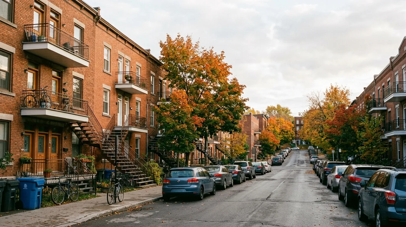 Rue résidentielle bordée d'immeubles en brique avec escaliers extérieurs et arbres aux couleurs d'automne dans un quartier dense de Montréal