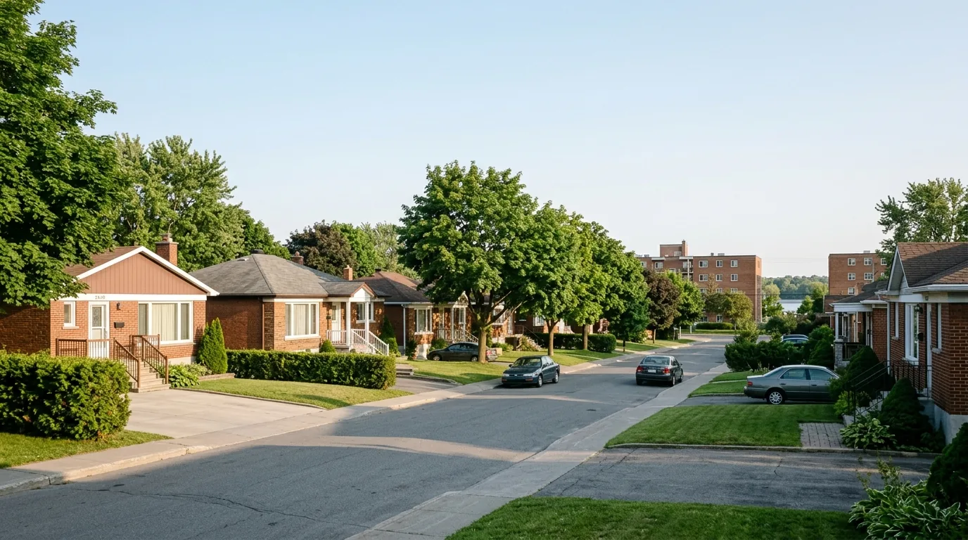 Rue résidentielle tranquille bordée de maisons unifamiliales et d'arbres matures dans un arrondissement de l'ouest de Montréal.