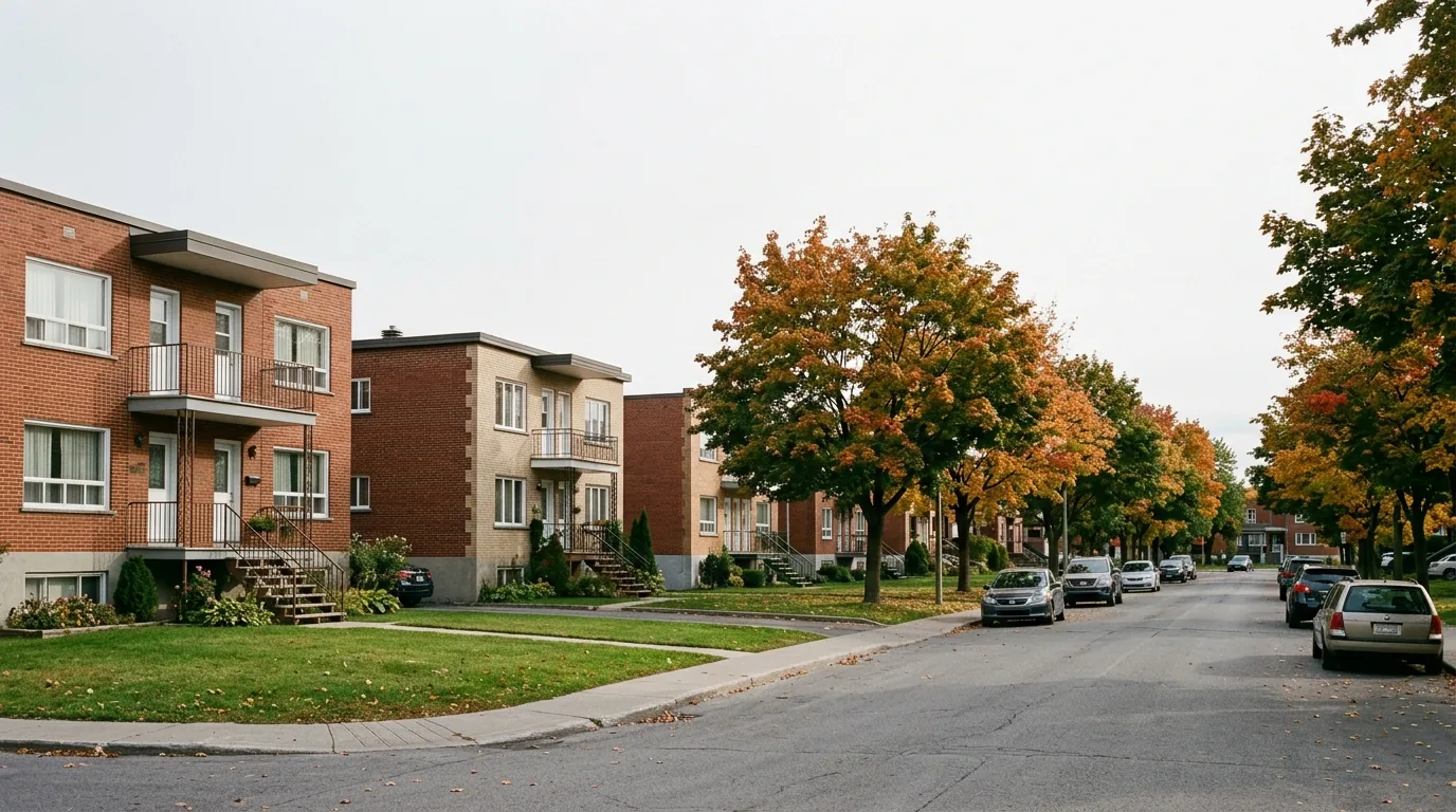 Rue résidentielle bordée d'arbres et d'immeubles de brique de faible hauteur dans un quartier de l'est de Montréal, en fin d'après-midi.