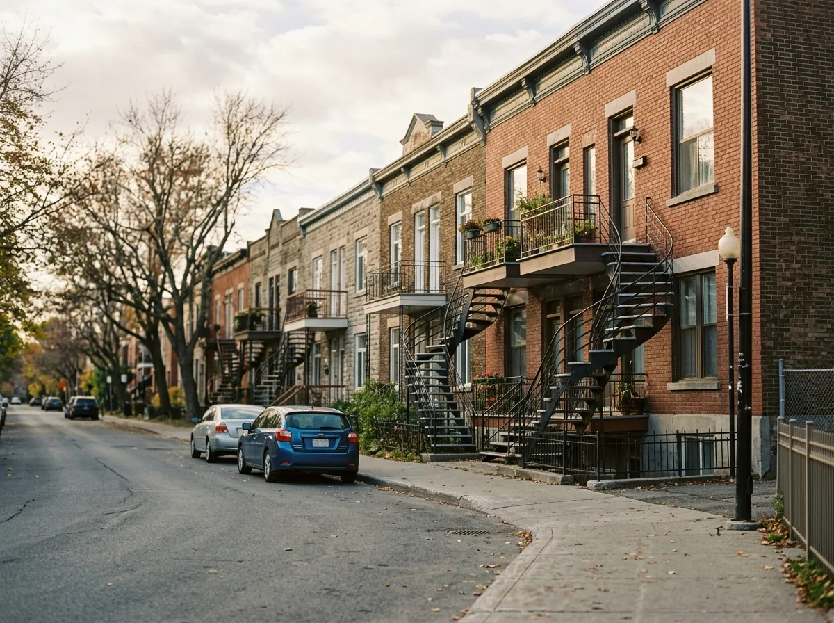 Rue résidentielle typique de Montréal bordée d'immeubles de faible hauteur avec escaliers extérieurs, sous une lumière douce de fin d'après-midi.